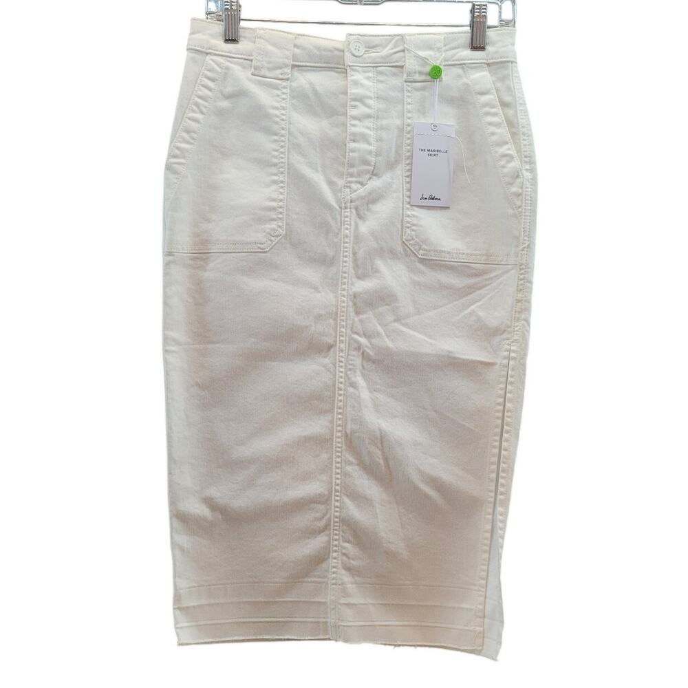NWT Sam Edelman Maribelle Denim Midi Skirt 27 White Minimal Elevated Chic